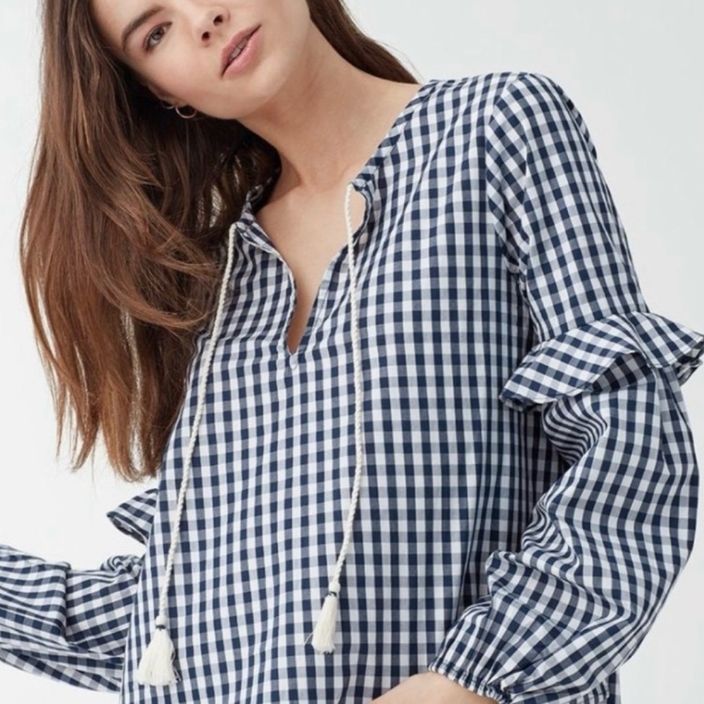 Splendid Navy Gingham Check Ruffled Tie Neck Navy White Long Sleeve top S